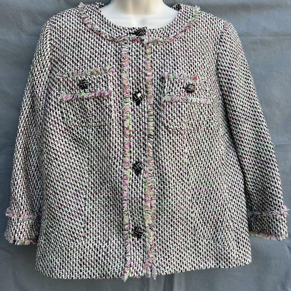 Talbots Woman Tweed Jacket Blazer 14WP Green Pink Fringe 3/4 Classic Preppy